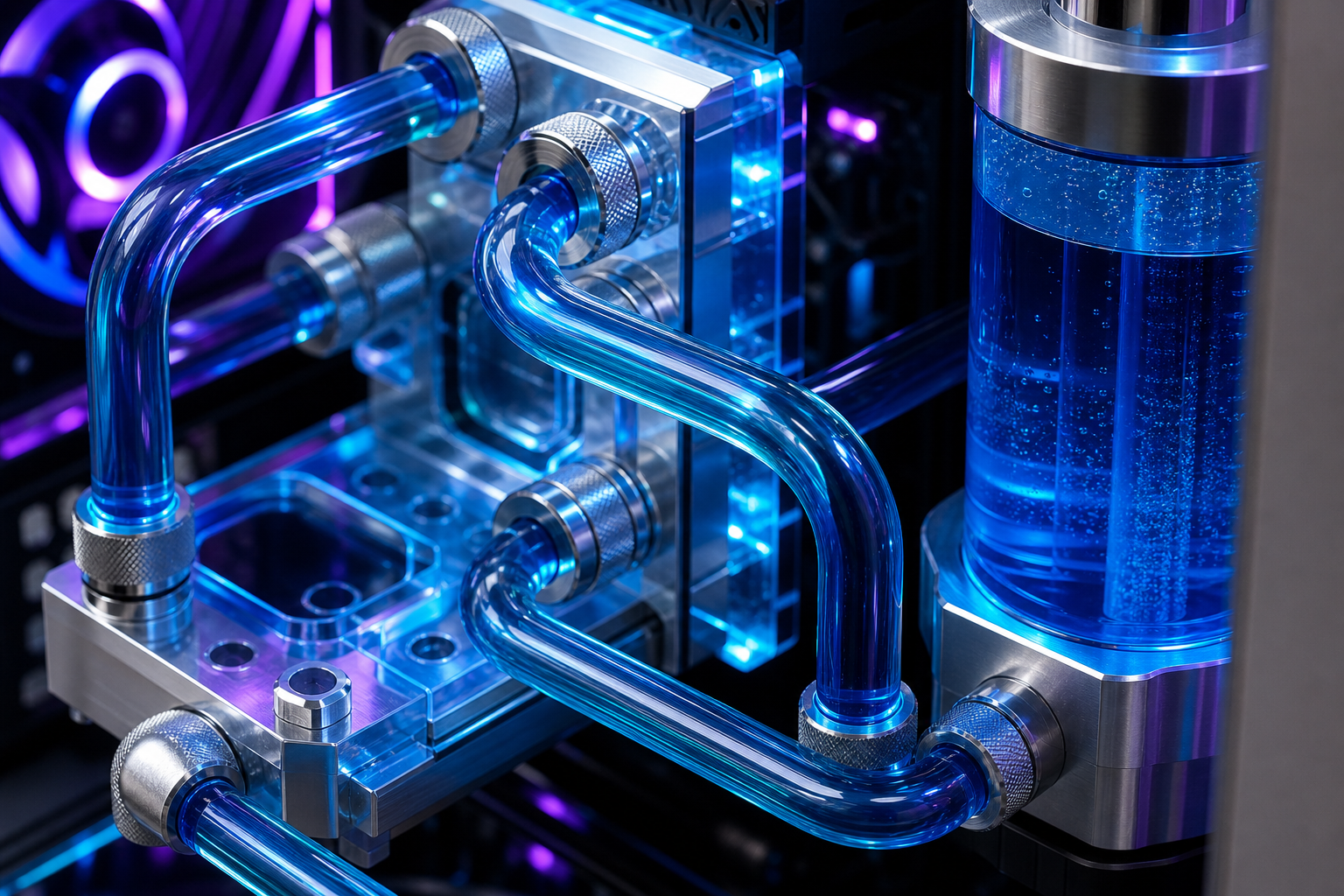 Boucle de watercooling personnalisée avec tubes transparents et liquide de refroidissement bleu