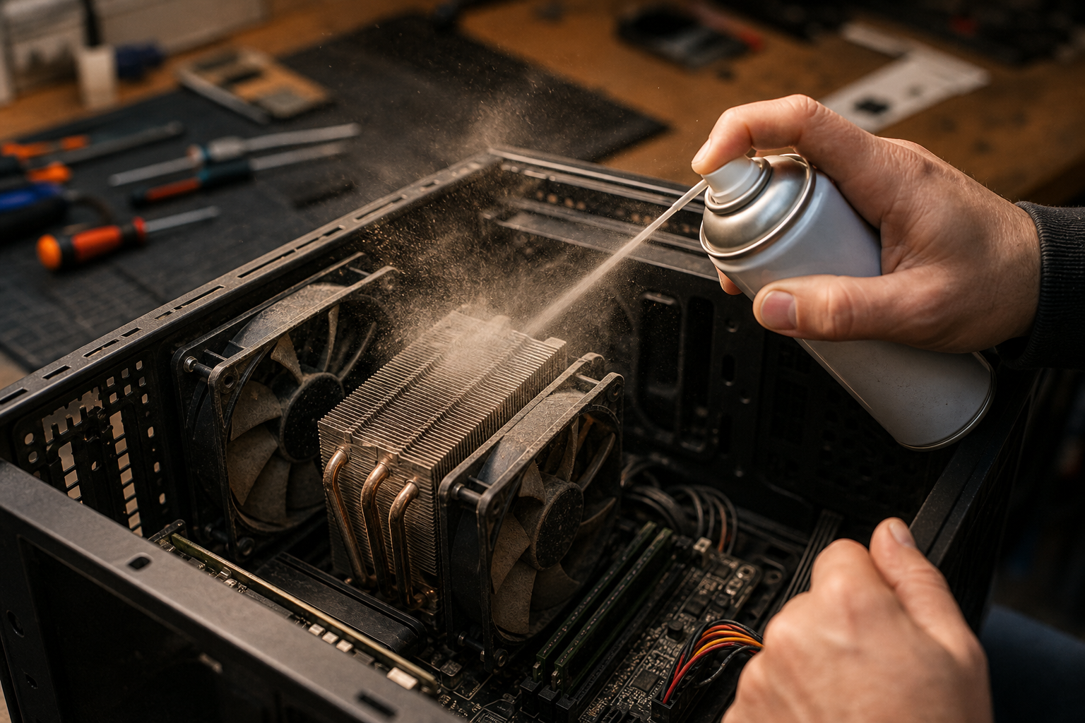 Nettoyage professionnel d'un ventirad et dépoussiérage à l'air comprimé d'un boîtier PC