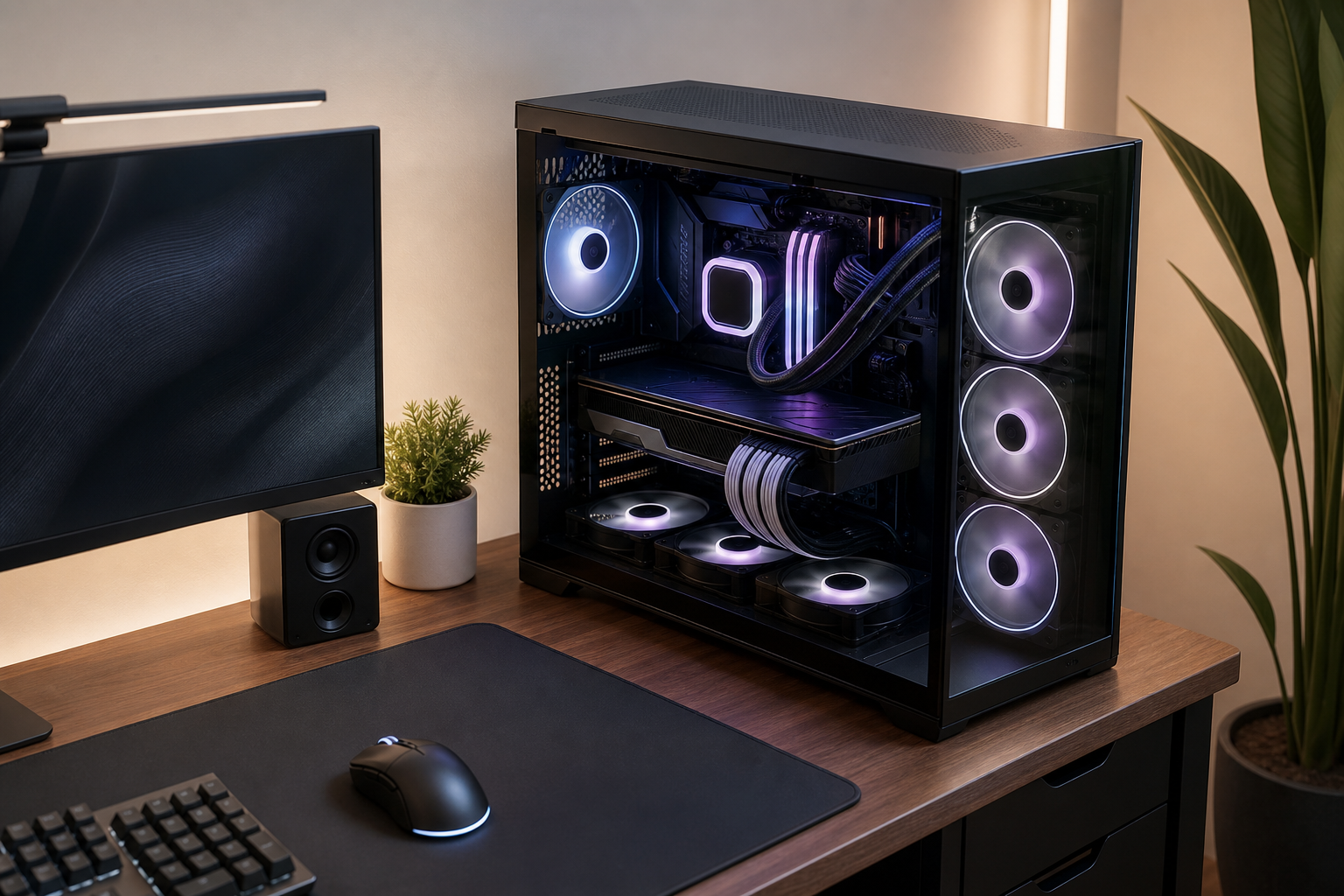 PC de bureau assemblé sur mesure avec câblage soigné et refroidissement optimisé, vue d'ensemble