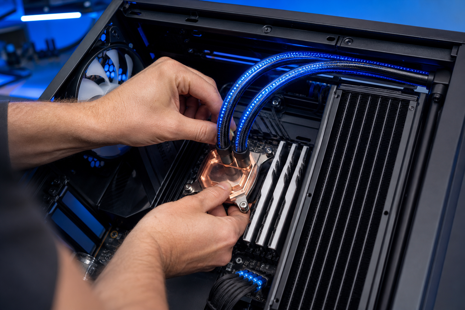 Technicien installant un système de refroidissement liquide AIO avec radiateur et tuyaux à LED bleue sur un PC gaming ouvert