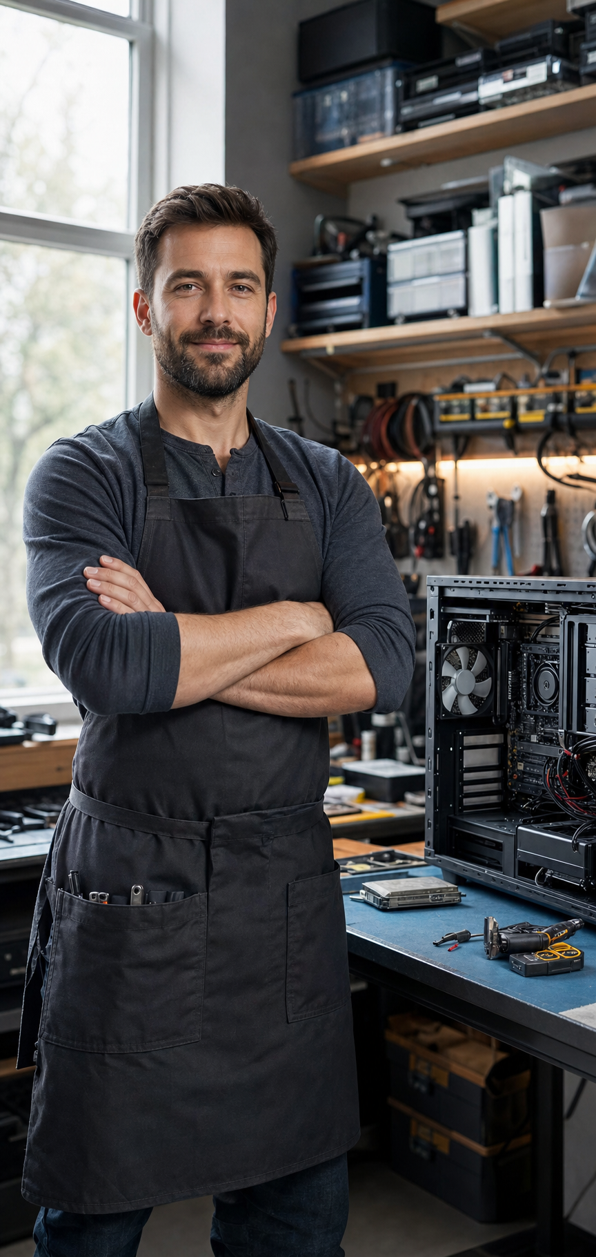 Victor Guerin, spécialiste en refroidissement et maintenance PC, dans son atelier à Chartres